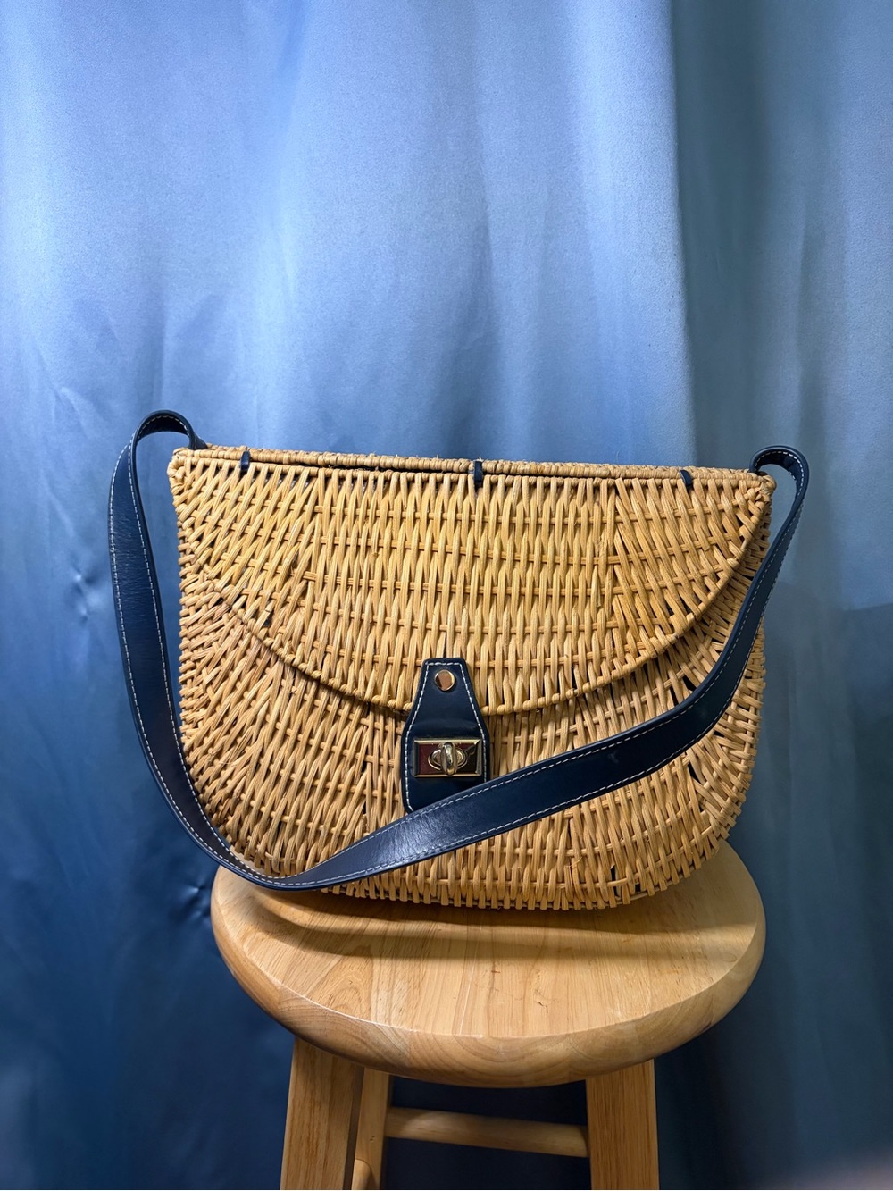 Woven Straw Shoulder Bag with Navy Leather Strap